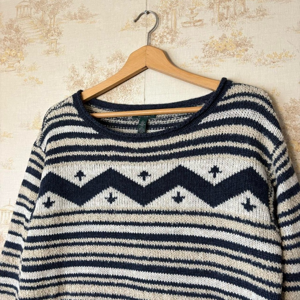 Vintage LRL Lauren Jeans Co. Ralph Lauren wool blue cream stripe sweater L - Picture 3 of 7